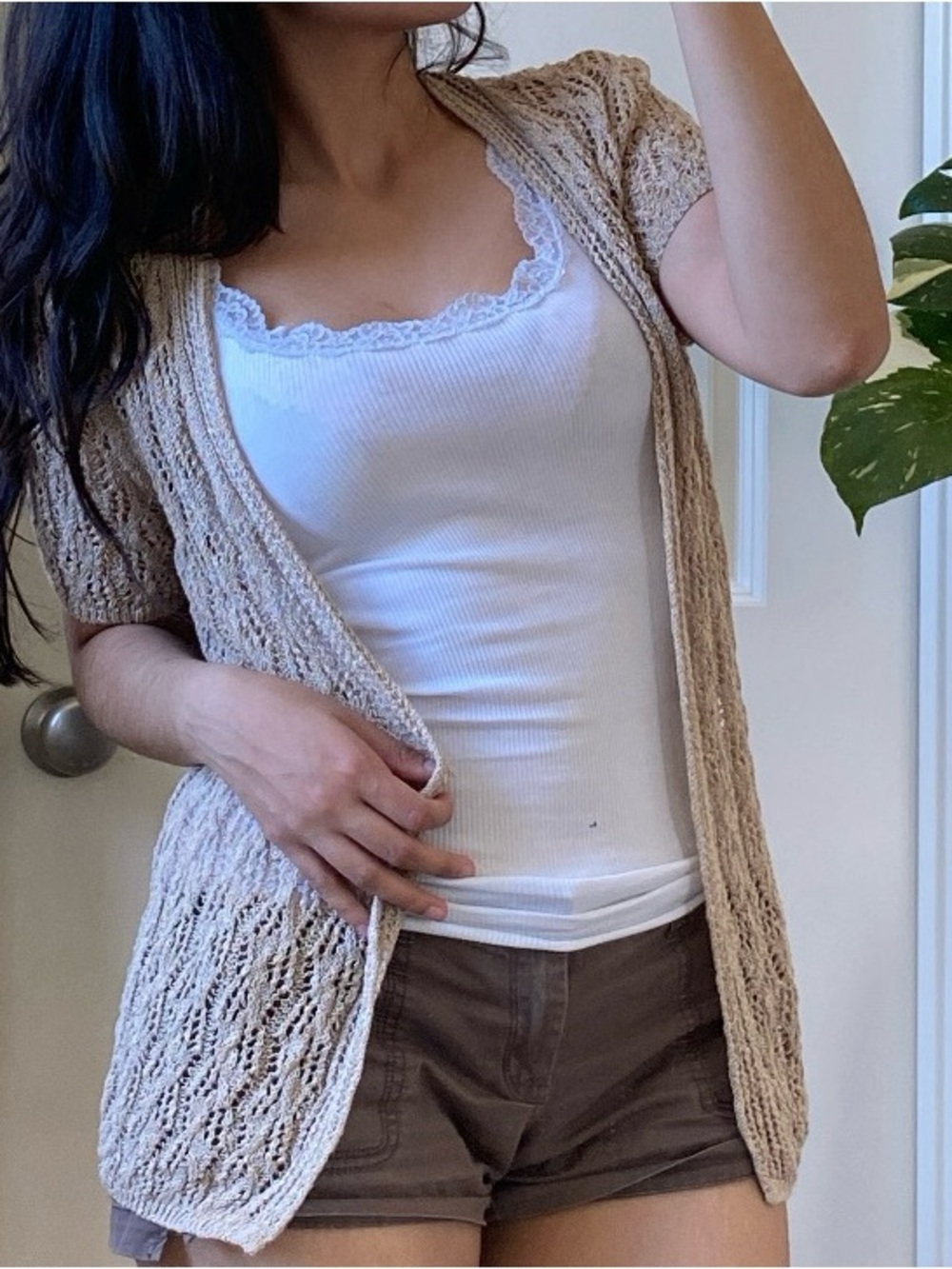 Coldwater Creek Beige Openwork Short-Sleeve Cardigan